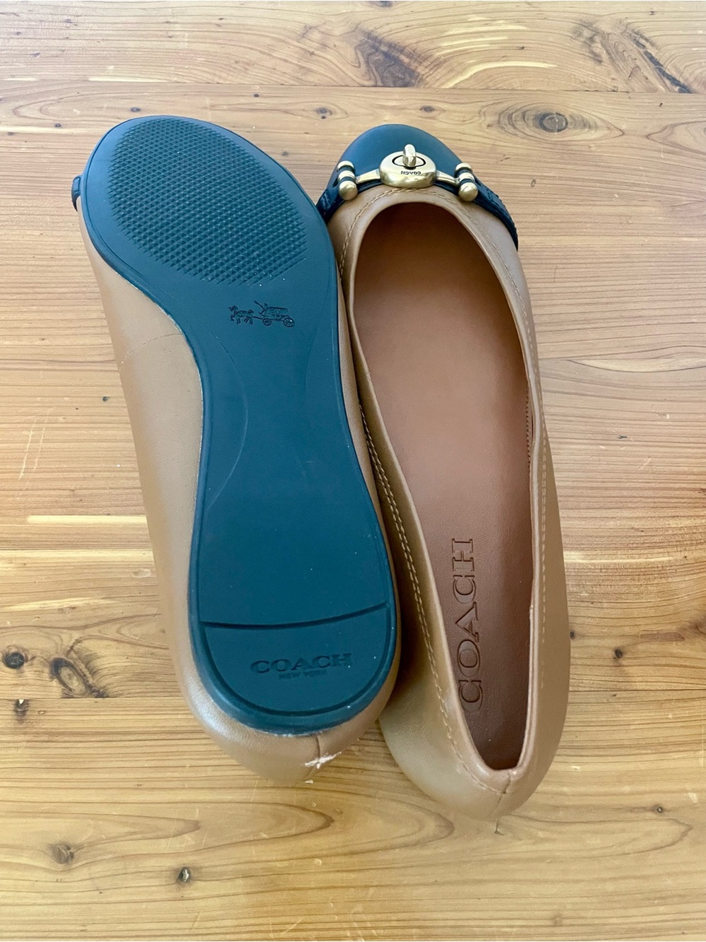 Coach Two-Tone Brown and Black Leather Ballet Flats with Gold Hardware - Picture 3 of 4